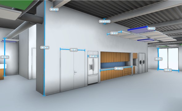 Scan to BIM showing dimensions inside a Revit model done from existing conditions.