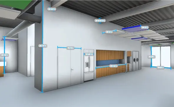 Scan to BIM showing dimensions inside a Revit model done from existing conditions.