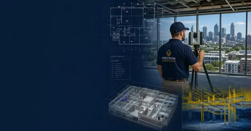 3D laser scanning project in Atlanta Georgia showing building measurements, point cloud data, CAD drawings, and BIM documentation