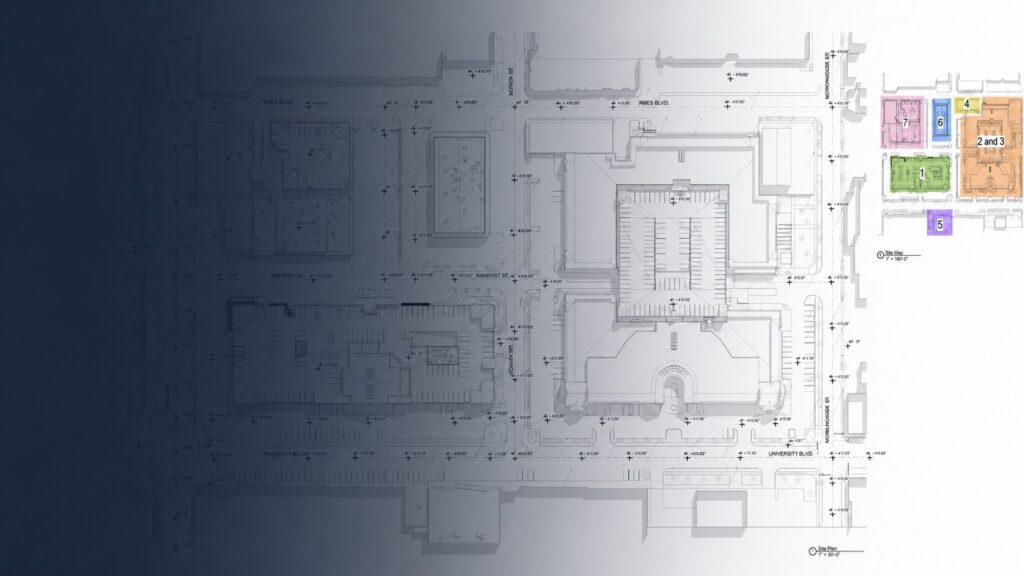 As-built CAD drawings and site plan created from existing-condition building measurements