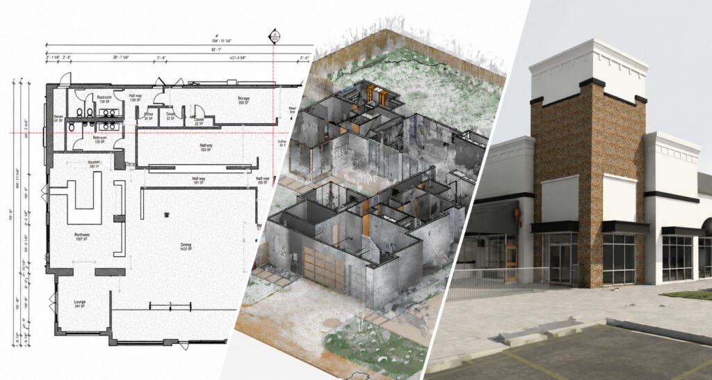 Existing conditions documentation deliverables showing floor plan, point cloud, and Revit model for an Atlanta Georgia building documentation project