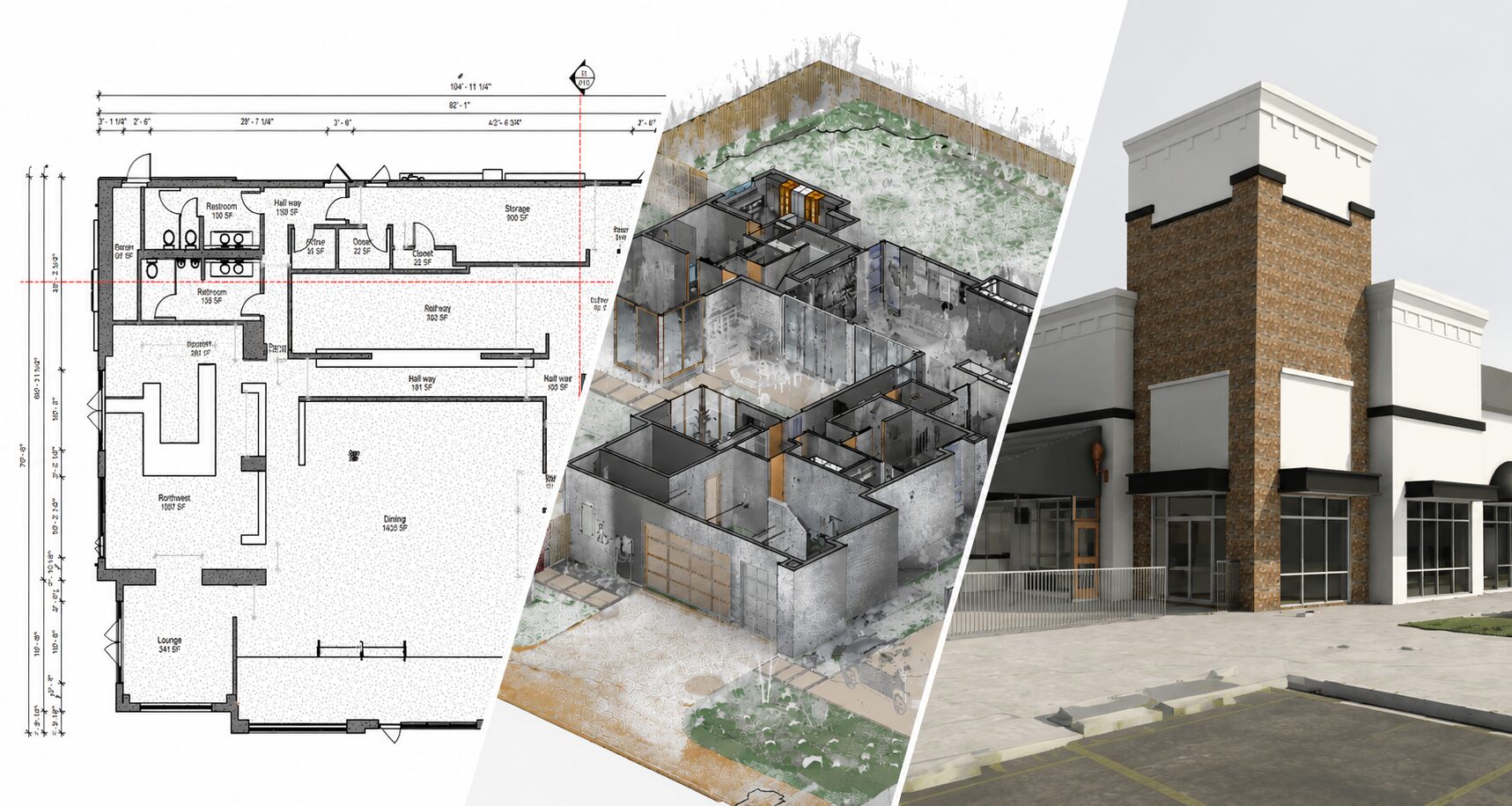 Existing conditions documentation deliverables showing floor plan, point cloud, and Revit model for an Atlanta Georgia building documentation project