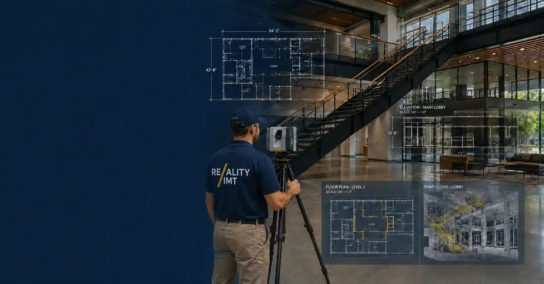 Reality IMT technician performing building measurement and 3D laser scanning
