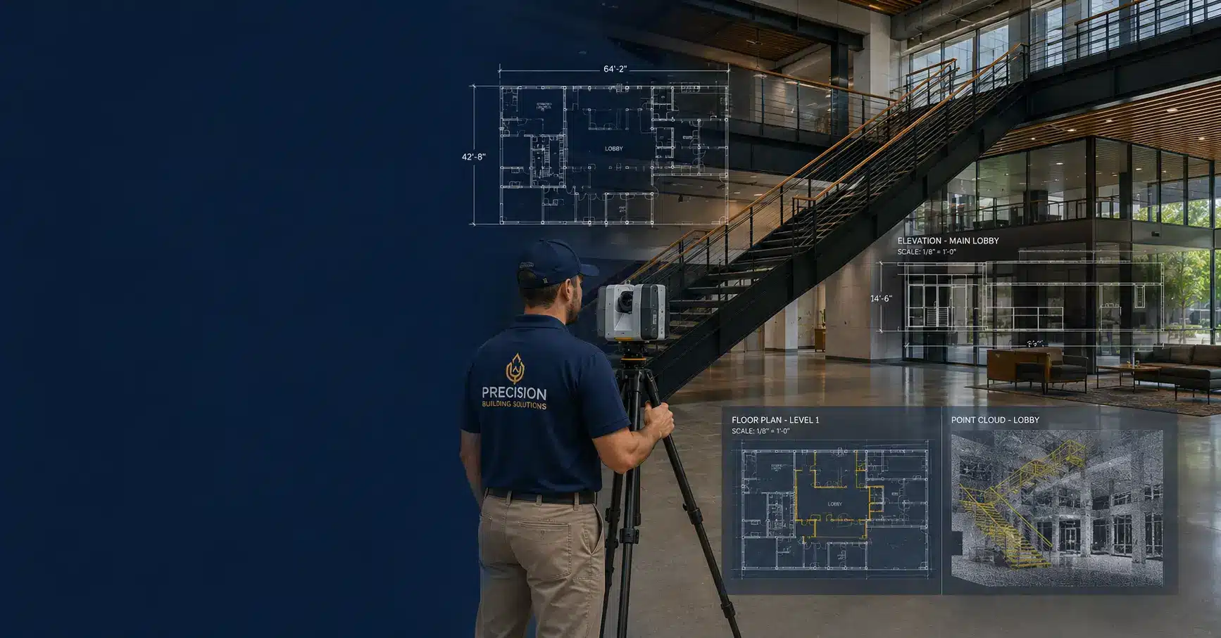 Reality IMT technician performing building measurement and 3D laser scanning