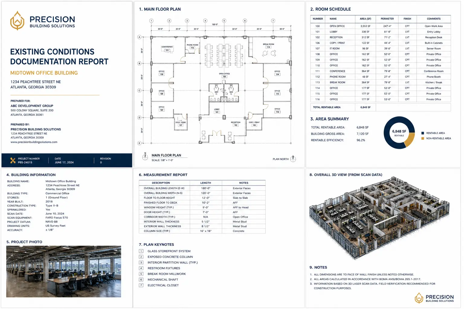 Existing-condition floor plan and building measurement report deliverable