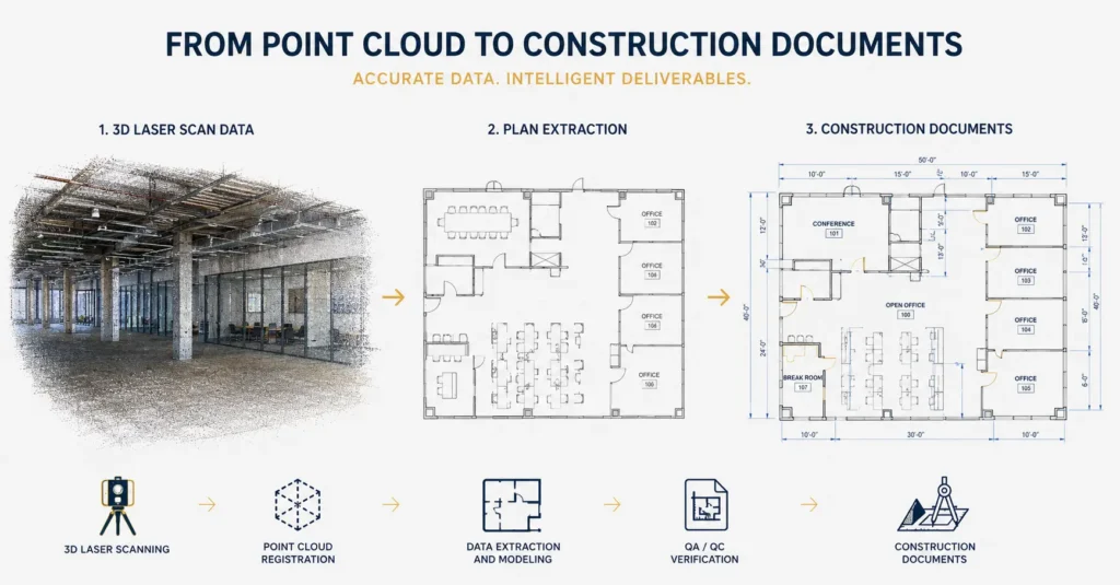 Point cloud converted into floor plan and CAD deliverables for building documentation
