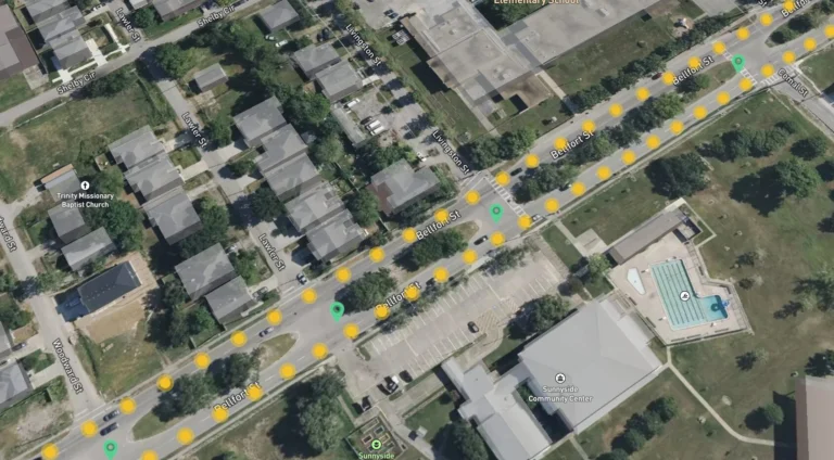 Mobile LiDAR corridor survey coverage map showing georeferenced roadway capture positions for transportation infrastructure documentation.