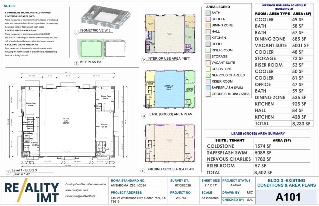 BOMA Area Calculation Services floor plan for Building 3 showing ANSI BOMA Z65.1-2024 interior, lease gross, and building gross areas